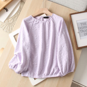 Spring 2025 Fresh Style Womens Crew Neck Sweatshirt Casual Versatile Seven Sleeve Loose Fit Pure Color Overhead Shirt