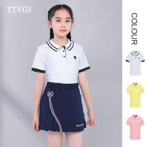 TTYGJ Golf Clothing Childrens Shirts Short-sleeved Boys and Girls Polo Shirt Sports T-shirt Girls Ruffle Lapel Solid Color Top