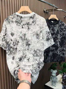Summer 2025 Mens Casual Loose T-shirt Tie Dye Hole Design round Neck Short Sleeve Top Fashionable Brand Polyester Fiber