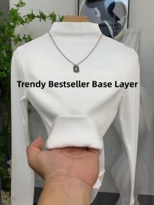 Red Fleece-Lined Half-High Collar Warm Base Shirt Womens Fashion Anti-Aging Slimming Elastic Inner Wear Top Trendy Commute Style