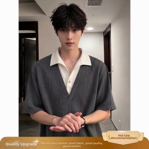 ZHUOCAN | Spike Pattern False Two-Piece Short Sleeve T-Shirt Polo Shirt