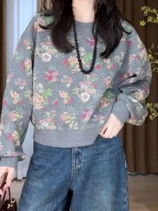 Fashionable Floral Print Sweatshirt Womens Loose Long Sleeve round Neck Top Autumn New Style European Design Comfortable Cotton