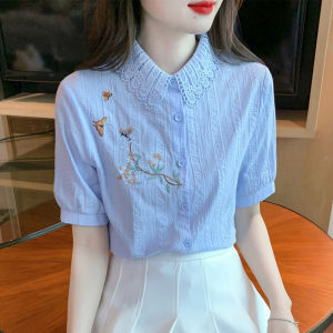 Áo Sơ Mi Cotton Thêu Tay Ngắn Mùa Hè Cho Nữ Áo Sơ Mi Cotton Nguyên Chất Thời Trang Mỏng Thường Ngày Cổ Polo Nút