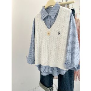 สีเทาเข้ม คอวี เสื้อกั๊กถัก ผู้หญิง Early ฤดูใบไม้ผลิ ฤดูใบไม้ร่วง ฤดูหนาว แขนกุด แจ๊กเก็ต เสื้อสเวตเตอร์ เสื้อกล้าม เสื้อกั๊ก Layering เสื้อ เสื้อกั๊ก เสื้อกั๊ก