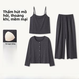 MiiOW | Bộ đồ ngủ cho bà bầu và sau sinh MiiOW Cat Person Bộ đồ ngủ dài tay cổ tròn mùa thu có đệm ngực Bộ đồ mặc nhà ba mảnh