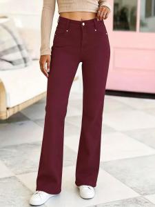 Quần Jeans Nữ Ống Đứng Cạp Cao Màu Đỏ Rượu Chất Liệu Cotton Pha Co Giãn Thoải Mái Trang Trí Đinh Tán.