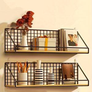 Wall Mounted Storage Shelf Wood & Metal Wire Floating Shelf Adhesive Bathroom Organizer for Toiletries Cosmetics Home Decor