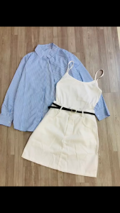 Set 4 món mặc hè áo tăm 2 dây khoác sơ mi Đũi mix chân váy Mango có quần lưng thun kèm dây nịt