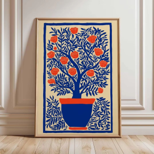 Bold Floral Wall Art Print Modern Botanical Poster Vibrant Plant Illustration Contemporary Blue and Orange Artwork Minimalis
