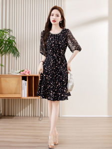 Elegant Black Floral Womens Dress Summer High Waist A-Line Skirt Short Sleeve round Neck Gown La Chapelle Luxury Sensation