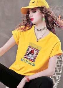 European Station Summer V Neck Short-Sleeved T-shirt Easiest for Match New Arrival Fashion Loose Half Sleeve Print Tops Female Slimming T-shirt Fashion