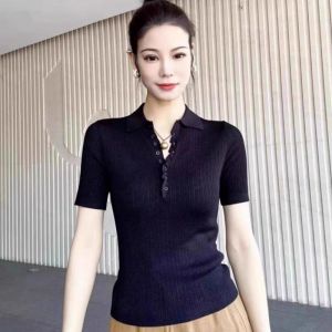Ouomaish Womens Slim Fit Polo Neck Shiny Thread Knitwear Short Sleeve T-Shirt Casual Style Fashionable Autumn New Arrival