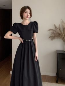 ชุดเดรสยาวแขนพองสไตล์ฮีปซ์ เอวสูง ทรงเอ ผ้าโพลีเอสเตอร์ สไตล์ฝรั่งเศส ฤดูร้อน 2024 ชุดเดรสยาวคลุมเข่าสำหรับผู้หญิง