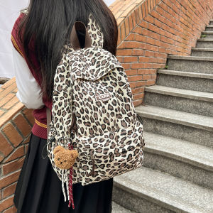 Trendy Commuter Style Large Capacity Canvas Backpack Mens Womens Casual Leopard Print Shoulder Bag Casual Student Bookbag