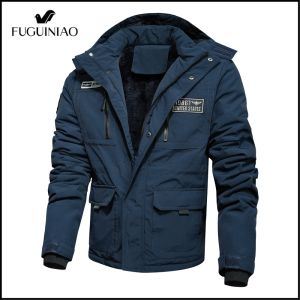 Fuguiniao Áo khoác mùa đông nam chống gió ấm áo khoác bomber tà dài cộng với nhung dày có thể tháo rời áo khoác có mũ