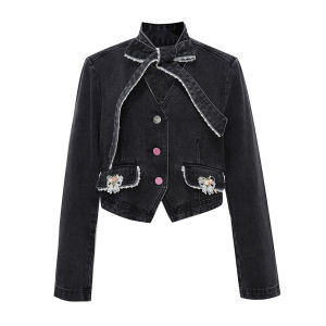 EYEDOLL Retro Butterfly Knot Tie Lace Trim V-neck Denim Long Sleeve Short Jacket Womens Outerwear Cotton Casual Style