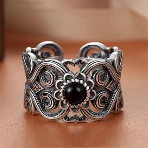 Cincin Elegan Desain Black Onyx Mongolian Pattern (Adjustable)
