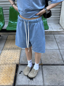 กางเกงขาสั้นทรงหลวมสไตล์ย้อนยุคสไตล์อเมริกันสำหรับผู้ชายและผู้หญิง กางเกงขายาวทรงตรงเอวยางยืดสี่เหลี่ยมจัตุรัส