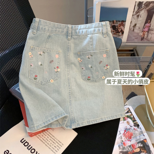Light Floral Print High Waist A-Line Mini Skirt for Women Summer Slimming Denim Half-length Japanese Style Commute Plant Floral
