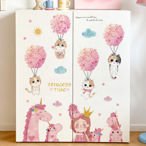 Decal Dán Tường Công Chúa Kỳ Lân Và Mèo Bong Bóng Hoa Hồng Có Keo Sẵn 80x100cm – Trang Trí Phòng Bé