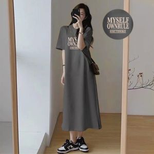 Women Casual T-Shirt Dress Summer Loose Short Sleeve Letter Print Long Maxi Dress O-Neck Split Streetwear Sundress