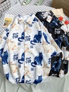 Japanese Loose Chic Trendy Cat Pattern Print Short Sleeve Shirt: A K-style Fashion Must-Have