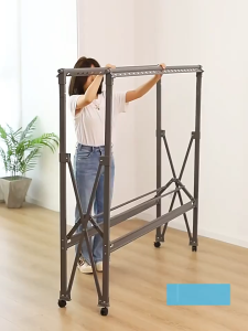 High-quality Multifunctional Carbon Steel Drying Laundry Rack with Wheels Double Pole Clothes Stand Organizer Hanger Clothes Hanging Rod