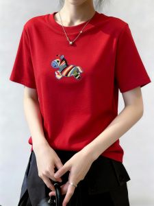 QINGNAER | Embroidered Colorful Horse Unique Slimming Youthful Round Neck Short Sleeve T-Shirt