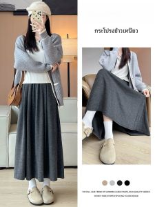 กระโปรงทรงเอผ้ากำมะหยี่สีเทาสำหรับฤดูใบไม้ร่วง/ฤดูหนาว กระโปรงทรงเอเอวสูง ทรงเอ กระโปรงทรงเอสำหรับผู้หญิง ผ้ากำมะหยี่ ขนแกะ โพลีเอสเตอร์