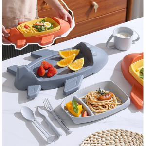 Baby Cartoon Cutlery Kid Creative Feeding Bowl Set Children Plate Wheat Straw with Spoon and Fork