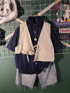 Short Sleeve Shirt Shorts Suit Mens Fancy Japanese Hong Kong Style Vintage Overalls Jacket Trendy Handsome Fried Street Shirt