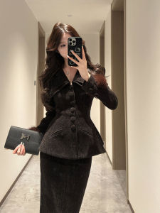 Plus Size French Hepburn Style Socialite Fancy Waist-Tight Suit Outwear Womens Adult Lady like Woman Style High Waist Bodycon Dress Two-piece Set