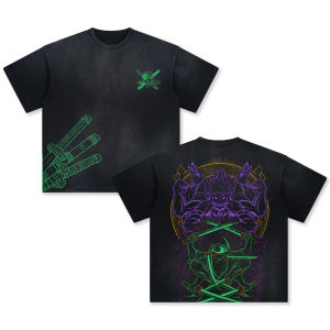 Bandai | ONE PIECE Mens and Womens Washed T-Shirt Summer and Spring Anime Roronoa Zoro Tee Retro Distressed Y2k Trendy Short Sleeve