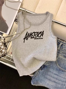 V.C.I | Knitted Ice Silk Letter Print Vintage American Style Sleeveless Tank Top
