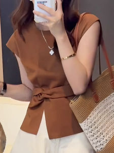 Shalldoer | Áo thun tay ngắn hở eo thời trang mùa hè mỏng thoáng khí cho nữ Áo thun cổ tròn màu trơn dáng rộng thoải mái