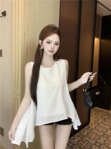 GUZILIAN | Elegant French Vintage Summer Loose Doll Shirt Womens Asymmetric Tailor Vest Top Trendy Korean Style Round Neck Sleeveless