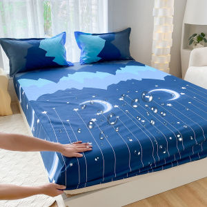 Dansunreve Waterproof Fitted Bed Sheet Blue Moon Star Deer Flamingo Printed Mattress Protector Single/Super Single/Queen/King Non-Slip Bedsheet