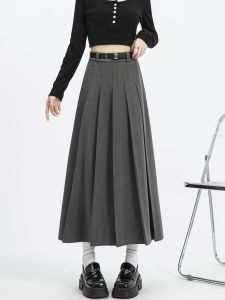 กระโปรงทรงเอเอวสูงทรงหลวมสีเทา กระโปรงทรงเอผ้าขนสัตว์สไตล์เกาหลีสำหรับผู้หญิง กระโปรงทรงเอยาวปานกลาง