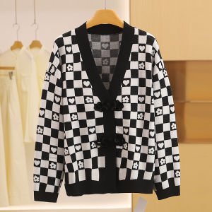 V-Neck Sweater Cardigan Plaid Splicing Color Block Single Row Hidden Button Autumn Fashion Womens Knittedwear Warm Long Sleeve