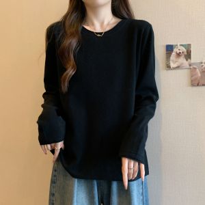 Plus Size Womens Clothing Chubby Girl Autumn and Winter New round Neck Pure Color Knitting Tops Bottoming Shirt Loose Slimming Long Sleeves Sweater