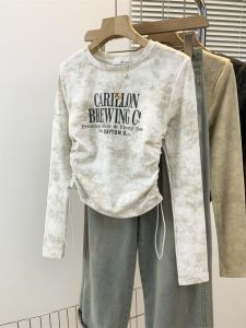 plus Size American Dyed Print Long Sleeve T-Shirt Womens Drawstring Slimming Top Belly Concealing Base Layer Shirt