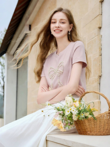 XIANGYING | Butterfly Pattern Pink Thin Slim Fit Tee