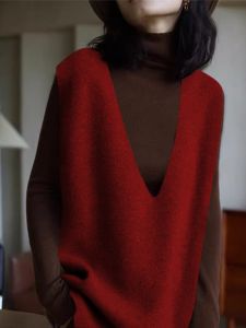 Retro New Year Red V-Neck Knitted Sweater Vest Womens Autumn Winter Soft Cozy Sleeveless Inner Wear Mid-Length Top