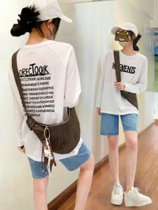 Áo Thun Dài Tay in Chữ Thời Trang Hàn Quốc Cho Nữ Mùa Hè Rộng Rãi Thoải Mái Chống Nắng Phong Cách Lười Biếng Áo Thun Cotton Polyester