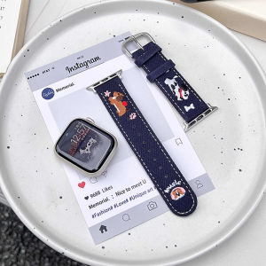 IWatch10 Watch Strap Denim Embroidered Dog Suitable for 38mm 40mm 41mm 42mm 44mm 45mm 49mm Women Fashionable Handmade Strap
