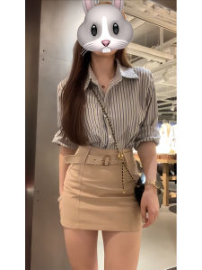 Plus Size Plus Size Ladies American Vintage Striped Shirt Womens Summer Stylish Niche Style Short-Sleeved Shirt Skirt Two-piece Set