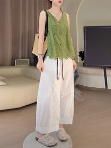 Shalldoer | Laid-back Style Womens Summer Outfit 2025 New Hollow Embroidery Sleeveless Top Wide Leg Casual Pants Two-piece Set