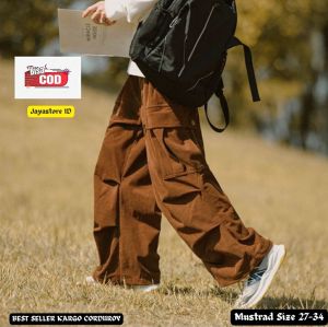 Celana cargo hijau corduroy pria panjang
