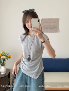 Áo Thun Nữ Tay Ngắn Màu Xám Thiết Kế Không Đều Thắt Eo Cổ Tròn Dáng Ôm Chất Liệu Cotton Mùa Hè Phong Cách Hàn Quốc Áo Thun