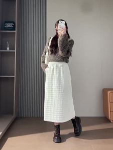 La Chapelle | Waffle Pattern Brown Thick Cotton Half Skirt A-line Split Mid-length Pencil Skirt
